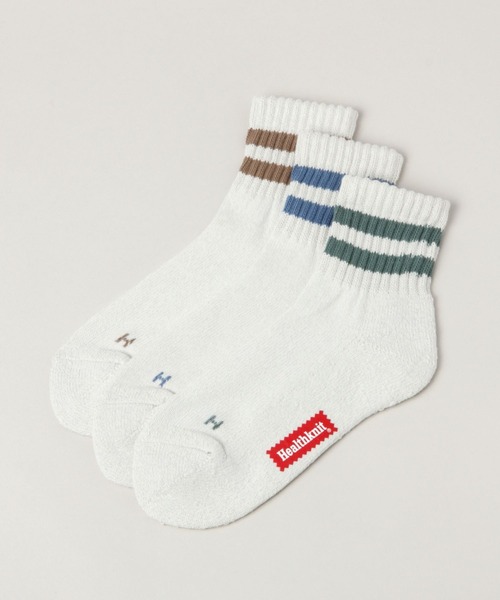 Healthknit(ヘルスニット)の「【Healthknit/ヘルスニット】3P/シンカー2ラインソックス(ソックス/靴下・メンズ・ホワイト・FREE)」の1枚目の写真