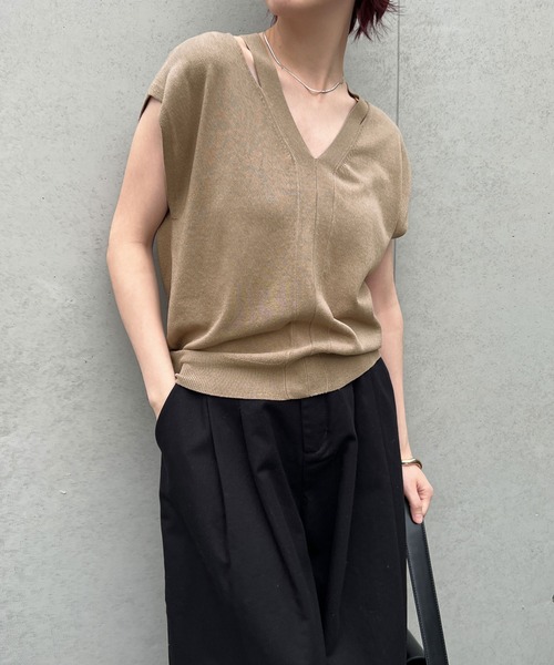 select MOCA（セレクトモカ）の「Vネックカットフレンチスリーブニット（ニット/セーター・レディース・グレイッシュベージュ/ブラック/オフホワイト・FREE）」の20枚目の写真