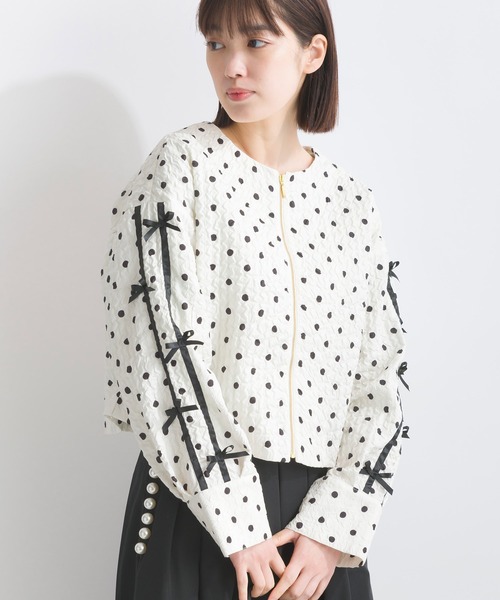 PICCIN(ピッチン)の「サッカードット袖リボンジャケット(ノーカラージャケット・レディース・オフホワイト/ブラック・M)」の7枚目の写真