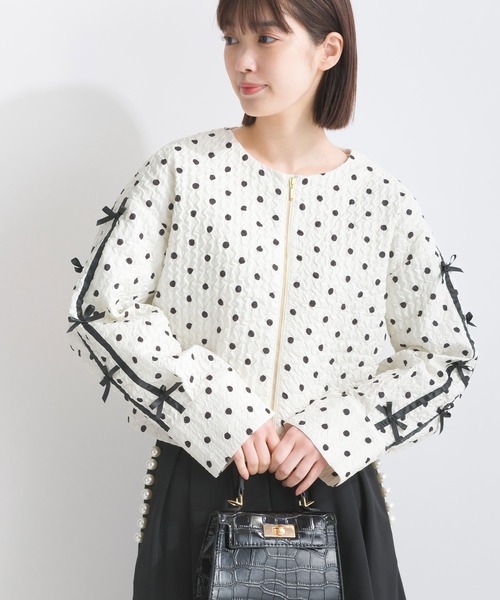 PICCIN(ピッチン)の「サッカードット袖リボンジャケット(ノーカラージャケット・レディース・オフホワイト/ブラック・M)」の10枚目の写真