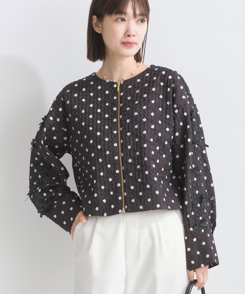 PICCIN(ピッチン)の「サッカードット袖リボンジャケット(ノーカラージャケット・レディース・オフホワイト/ブラック・M)」の14枚目の写真