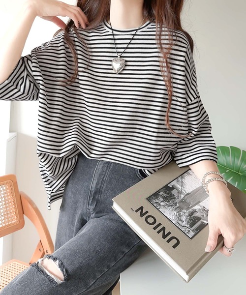 classicalelf(クラシカルエルフ)の「甘めもカジュアルも着こなせる定番item。サイドスリットボーダー半袖Tシャツ(Tシャツ/カットソー・レディース・ホワイト×ブラック/ベージュ系その他/ブラック×ホワイト・LARGE/MEDIUM/SMALL/X-LARGE)」の16枚目の写真