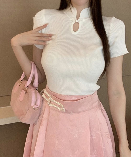 meJane（ミージェーン）の「チャイナボタン リブニット半そでトップス（ニット/セーター・レディース・ホワイト/ブラック・FREE）」の13枚目の写真