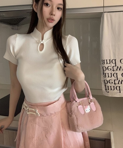 meJane（ミージェーン）の「チャイナボタン リブニット半そでトップス（ニット/セーター・レディース・ホワイト/ブラック・FREE）」の8枚目の写真