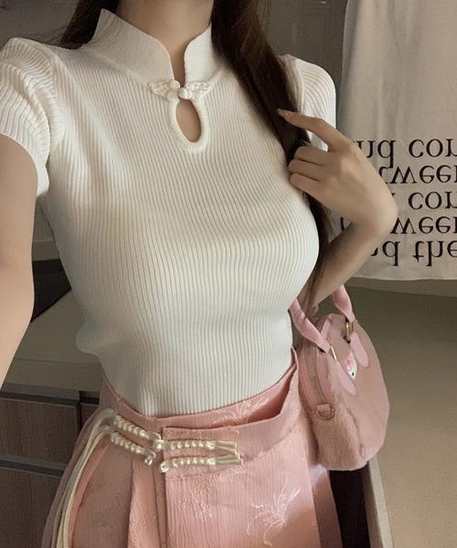 meJane（ミージェーン）の「チャイナボタン リブニット半そでトップス（ニット/セーター・レディース・ホワイト/ブラック・FREE）」の7枚目の写真