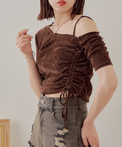 Chico（チコ）の「5分袖ワンショルチョーカーロンT（Tシャツ/カットソー・レディース・ピンク/ブラウン/ライトグレー/アイボリー・FREE）」の3枚目の写真