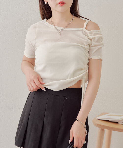 Chico（チコ）の「5分袖ワンショルチョーカーロンT（Tシャツ/カットソー・レディース・ピンク/ブラウン/ライトグレー/アイボリー・FREE）」の5枚目の写真