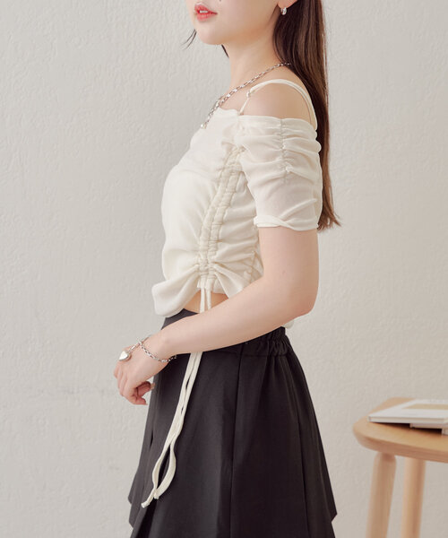 Chico（チコ）の「5分袖ワンショルチョーカーロンT（Tシャツ/カットソー・レディース・ピンク/ブラウン/ライトグレー/アイボリー・FREE）」の7枚目の写真