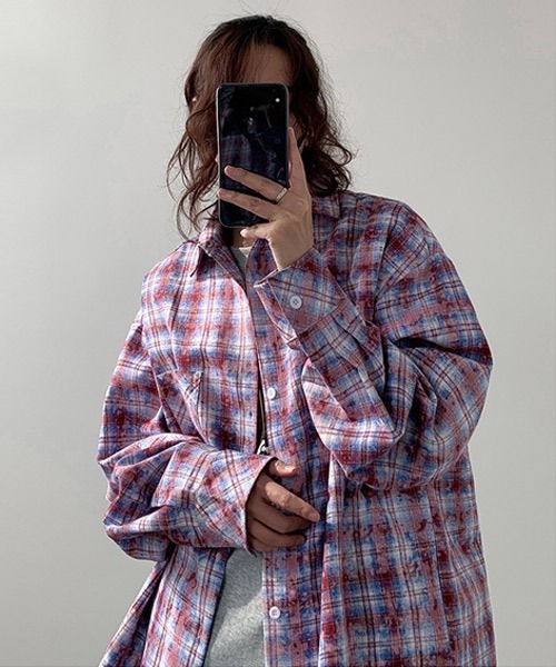 ブラウス シャツ regular collar check oversize shirt /レギュラーカラー チェック 長袖 オーバーサイズ シャツ Graphpaper Sheer Check Oversized Regular Collar Shirt / Band