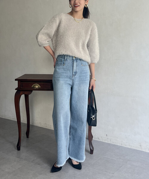 Chez toi(シェトワ)の「裾フリンジデニム(デニムパンツ・レディース・サックスブルー/ブルー・MEDIUM/SMALL)」の12枚目の写真