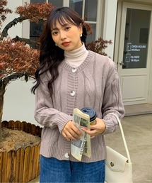 クルーネック ケーブルカーディガン