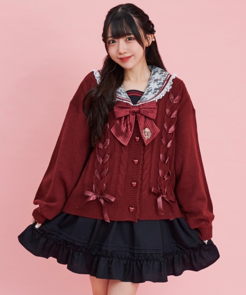 Secret Honey（シークレットハニー）の「レースアップニットカーディガン（カーディガン/ボレロ・レディース・ブラック/オフホワイト/ピンク/ワインレッド・FREE）」の4枚目の写真