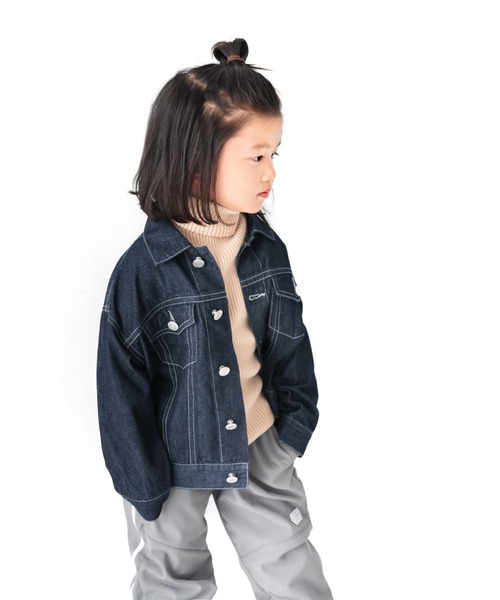 L.COPECK（エルコペック）の「ビッグシルエットデニムジャケット（デニムジャケット・キッズ・ネイビー/ストライプ・150cm/160cm）」の2枚目の写真