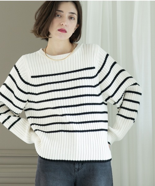 OPAQUE.CLIP（オペークドットクリップ）の「◆《7color》ボリュームスリーブリブニット【洗濯機洗い可】（ニット/セーター・レディース・ブラック/オフホワイト/グレー/サンドベージュ/ブルー系その他/ワインレッド/ホワイト系その他3・38/40/42）」の2枚目の写真