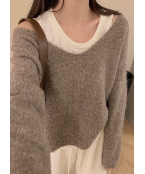 SALTMINT(ソルトミント)の「《韓国ファッション》2点セット Vネックアンゴラニットラウンドキャミソール(ニット/セーター・レディース・グレー/ベージュ・FREE)」の8枚目の写真