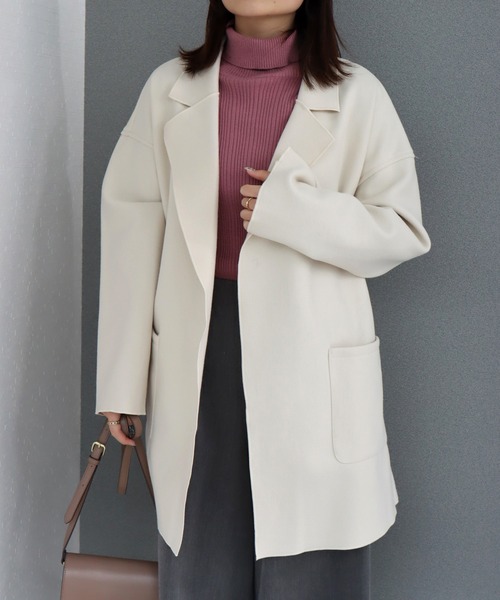 libelle more（リベル モア）の「ダブルフェイス フェイクウール ベルト付 ミドル丈コート（テーラードジャケット・レディース・ブラウン/モカ/ベージュ/ネイビー/アイボリー/ブラック・M/L）」の2枚目の写真