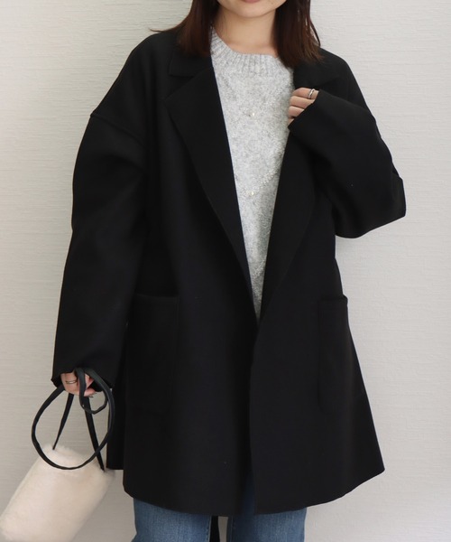 libelle more（リベル モア）の「ダブルフェイス フェイクウール ベルト付 ミドル丈コート（テーラードジャケット・レディース・ブラウン/モカ/ベージュ/ネイビー/アイボリー/ブラック・M/L）」の3枚目の写真