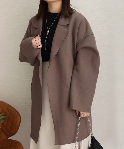 libelle more（リベル モア）の「ダブルフェイス フェイクウール ベルト付 ミドル丈コート（テーラードジャケット・レディース・ブラウン/モカ/ベージュ/ネイビー/アイボリー/ブラック・M/L）」の5枚目の写真