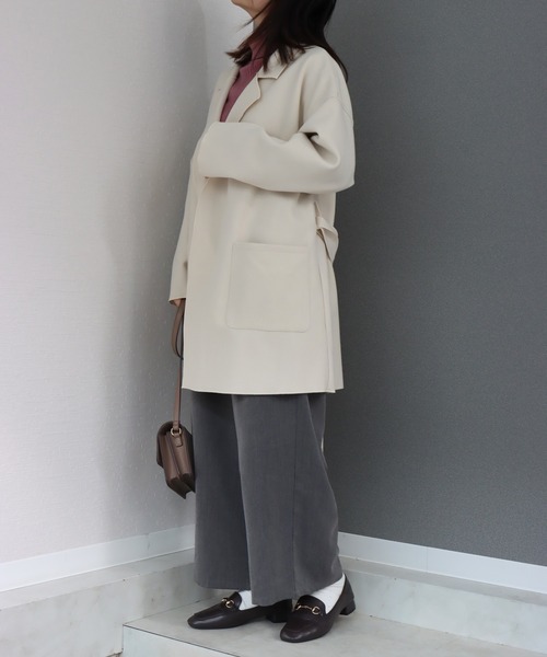 libelle more（リベル モア）の「ダブルフェイス フェイクウール ベルト付 ミドル丈コート（テーラードジャケット・レディース・ブラウン/モカ/ベージュ/ネイビー/アイボリー/ブラック・M/L）」の18枚目の写真