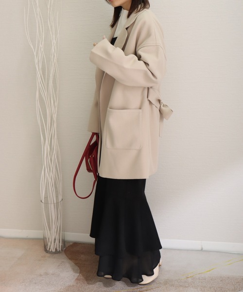 libelle more（リベル モア）の「ダブルフェイス フェイクウール ベルト付 ミドル丈コート（テーラードジャケット・レディース・ブラウン/モカ/ベージュ/ネイビー/アイボリー/ブラック・M/L）」の7枚目の写真