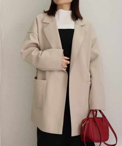 libelle more（リベル モア）の「ダブルフェイス フェイクウール ベルト付 ミドル丈コート（テーラードジャケット・レディース・ブラウン/モカ/ベージュ/ネイビー/アイボリー/ブラック・M/L）」の8枚目の写真