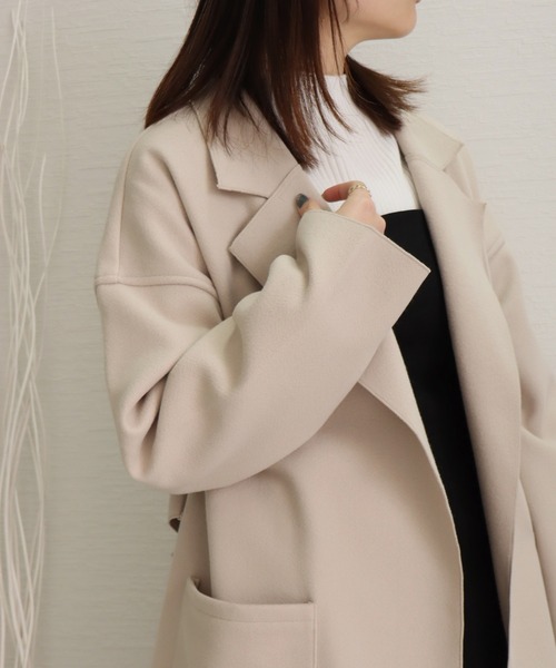 libelle more（リベル モア）の「ダブルフェイス フェイクウール ベルト付 ミドル丈コート（テーラードジャケット・レディース・ブラウン/モカ/ベージュ/ネイビー/アイボリー/ブラック・M/L）」の11枚目の写真