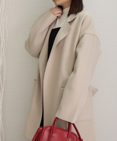 libelle more（リベル モア）の「ダブルフェイス フェイクウール ベルト付 ミドル丈コート（テーラードジャケット・レディース・ブラウン/モカ/ベージュ/ネイビー/アイボリー/ブラック・M/L）」の9枚目の写真