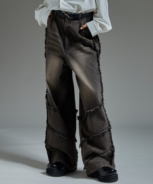 mnml フリンジデザイン ブラックデニムパンツ 29早い者勝ち cussil/クシル】【12oz】 ルーズシルエットフリンジサイドジップ