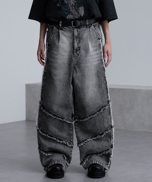 デニムパンツ S~3XL サイドジップデザイン ワイド ストリート cussil/クシル】【12oz】 ルーズシルエットフリンジサイドジップ