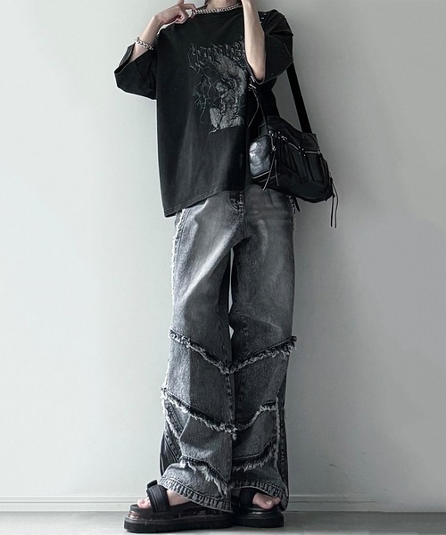 フリンジ加工 フレアデニム ブラック　クラッシュ デザイン デニム ワイドパンツ cussil/クシル】【12oz】 ルーズシルエットフリンジサイドジップ