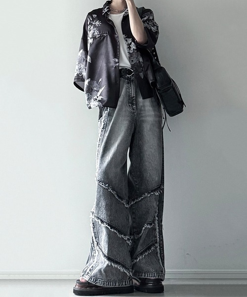 デニムパンツ S~3XL サイドジップデザイン ワイド ストリート cussil/クシル】【12oz】 ルーズシルエットフリンジサイドジップ
