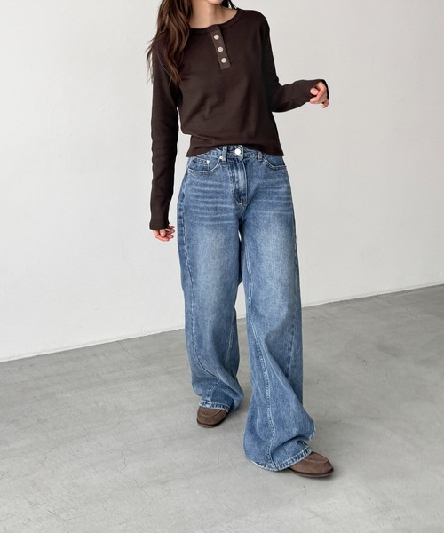 CANAL JEAN（キャナルジーン）の「HARING　ヴィンテージコットンヘンリーロングTシャツ（Tシャツ/カットソー・レディース・ネイビー/ホワイト/グレー/ブラウン/チャコールグレー・ONE SIZE）」の16枚目の写真