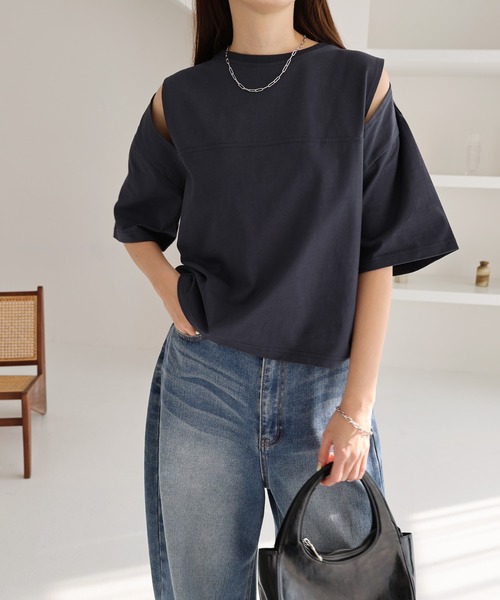 andme(アンドミー)の「汗染み防止カットアウトデザインTシャツ(Tシャツ/カットソー・レディース・ピンク/ネイビー/ブラック/チャコールグレー/杢グレー/オフホワイト/ブラウン・M)」の19枚目の写真