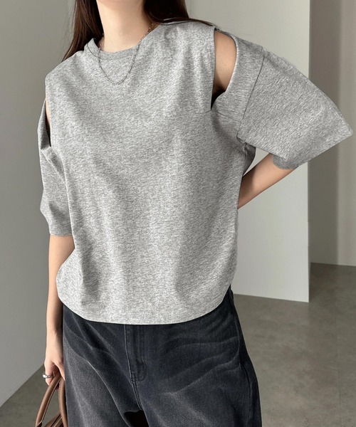 andme(アンドミー)の「汗染み防止カットアウトデザインTシャツ(Tシャツ/カットソー・レディース・ピンク/ネイビー/ブラック/チャコールグレー/杢グレー/オフホワイト/ブラウン・M)」の21枚目の写真