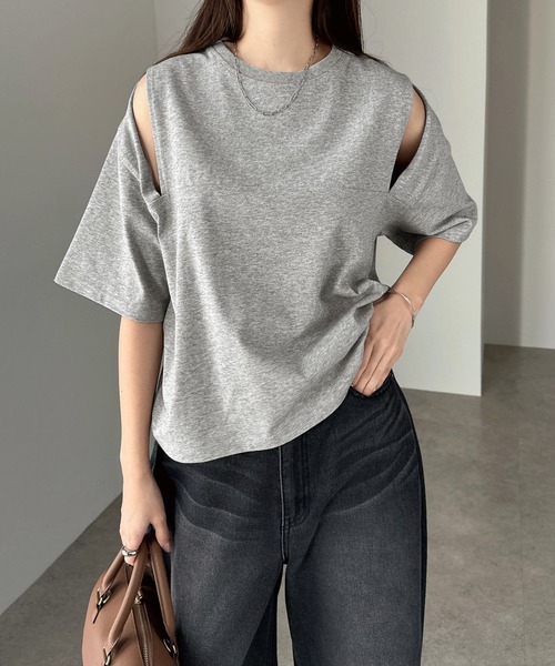 andme(アンドミー)の「汗染み防止カットアウトデザインTシャツ(Tシャツ/カットソー・レディース・ピンク/ネイビー/ブラック/チャコールグレー/杢グレー/オフホワイト/ブラウン・M)」の12枚目の写真