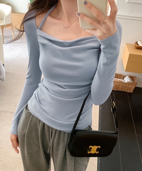 Teem Store(チームストア)の「ホルターネック オフショルスリムロンT(Tシャツ/カットソー・レディース・ピンク/ホワイト/ブラック/ブルー・F)」の3枚目の写真