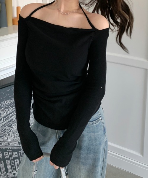 Teem Store(チームストア)の「ホルターネック オフショルスリムロンT(Tシャツ/カットソー・レディース・ピンク/ホワイト/ブラック/ブルー・F)」の8枚目の写真