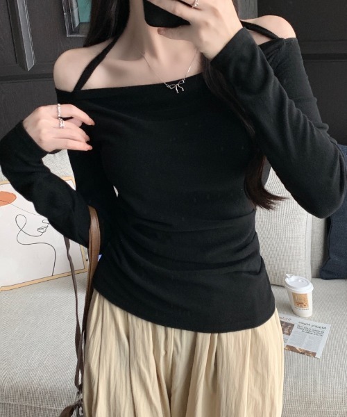 Teem Store(チームストア)の「ホルターネック オフショルスリムロンT(Tシャツ/カットソー・レディース・ピンク/ホワイト/ブラック/ブルー・F)」の10枚目の写真