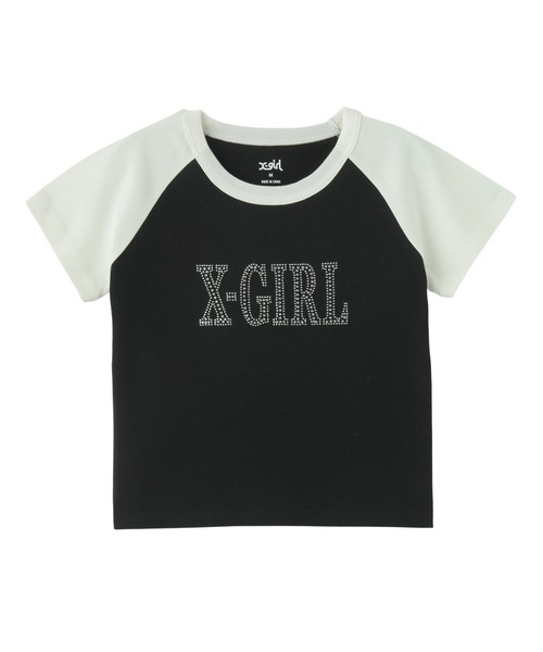 X-girl（エックスガール）の「RHINESTONE ROMAN TYPE LOGO RAGLAN S/S BABY TEE（Tシャツ/カットソー・レディース・ブラック/ベージュ/ピンク・S/M）」の14枚目の写真