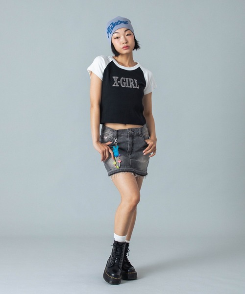 国内配送★X-girl★RHINESTONE ROMAN TYPE LOGO RAGLAN エックスガール X－girl RHINESTONE ROMAN TYPE LOGO RAGLAN S/S