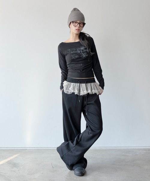 UNE MANSION（ユヌマンション）の「裾ストリングレイヤードドットレーススカート付きワイドシルエット スウェットパンツ（スウェットパンツ・レディース・グレー/ブラック/ベージュ・FREE）」の14枚目の写真