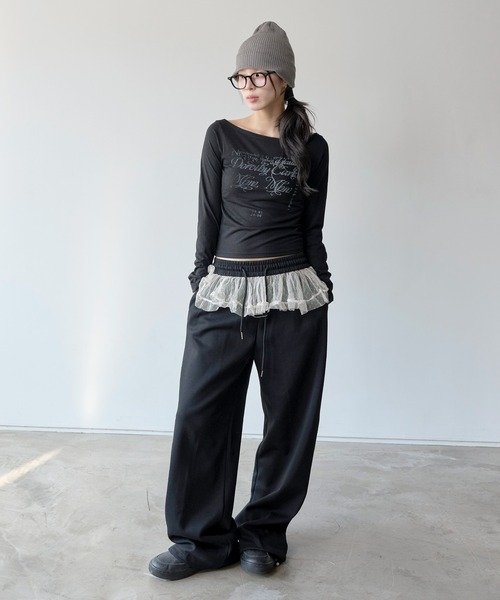 UNE MANSION（ユヌマンション）の「裾ストリングレイヤードドットレーススカート付きワイドシルエット スウェットパンツ（スウェットパンツ・レディース・グレー/ブラック/ベージュ・FREE）」の15枚目の写真