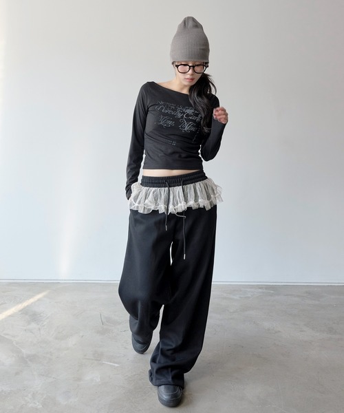 UNE MANSION（ユヌマンション）の「裾ストリングレイヤードドットレーススカート付きワイドシルエット スウェットパンツ（スウェットパンツ・レディース・グレー/ブラック/ベージュ・FREE）」の16枚目の写真