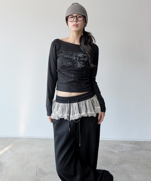 UNE MANSION（ユヌマンション）の「裾ストリングレイヤードドットレーススカート付きワイドシルエット スウェットパンツ（スウェットパンツ・レディース・グレー/ブラック/ベージュ・FREE）」の13枚目の写真