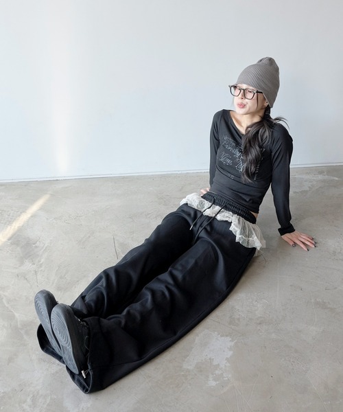 UNE MANSION（ユヌマンション）の「裾ストリングレイヤードドットレーススカート付きワイドシルエット スウェットパンツ（スウェットパンツ・レディース・グレー/ブラック/ベージュ・FREE）」の9枚目の写真