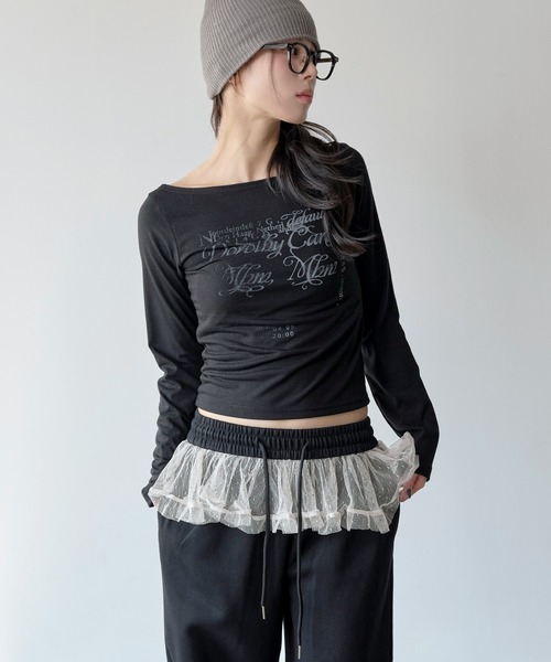 UNE MANSION（ユヌマンション）の「裾ストリングレイヤードドットレーススカート付きワイドシルエット スウェットパンツ（スウェットパンツ・レディース・グレー/ブラック/ベージュ・FREE）」の6枚目の写真