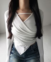 ※※【 3color 】ラインストラップギャザークロスレイヤードトップス / line strap gather cross layered Tops