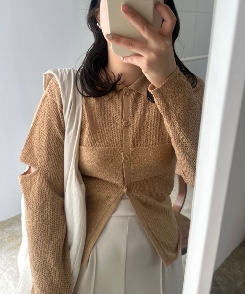 lawgy(ラウジー)の「pattern compact sleeve hole knit / パターンコンパクトスリーブホールニット(ニット/セーター・レディース・ブラックミックス/ライトオレンジ系/アイボリー・FREE)」の6枚目の写真