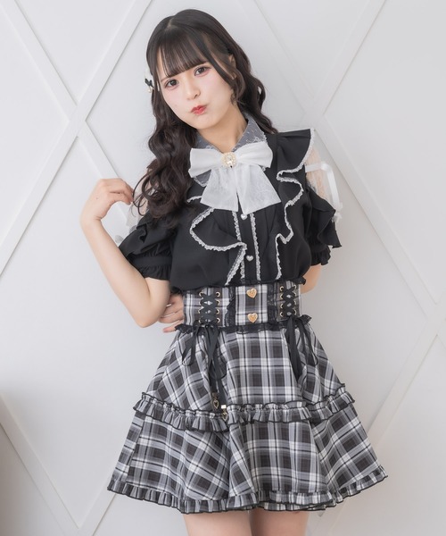 肩レースダブルリボンフリルデザインブラウス（シャツ/ブラウス