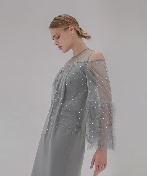 セール】【LEJA】ドットストーンオフショルIラインワンピースドレス